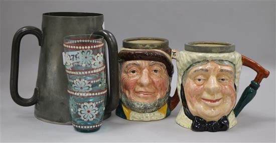 A pewter tyg and two Sandland character jugs